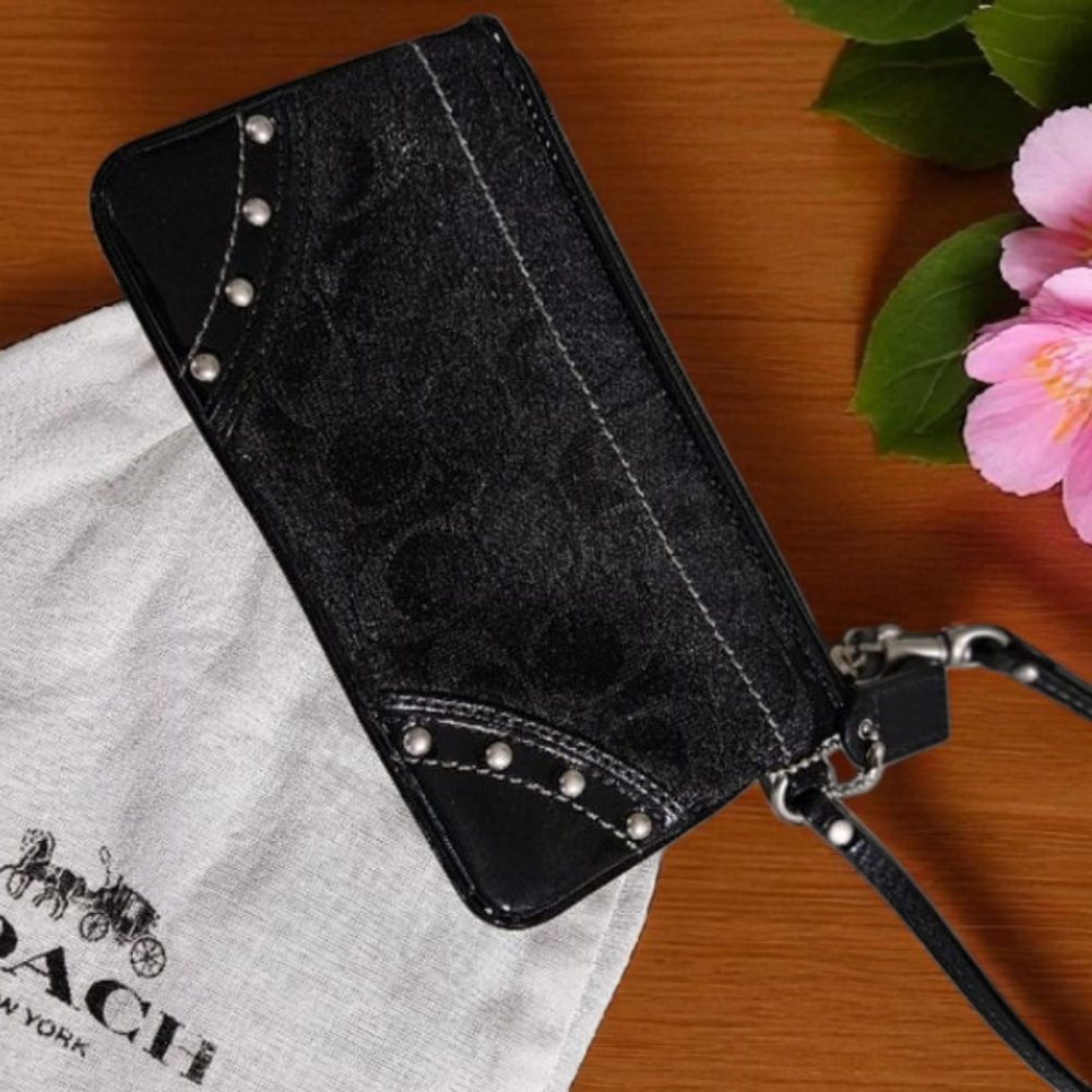 Coach Black Patent and Silver Studded Wristlet W/Dust Bag - Picture 6 of 6